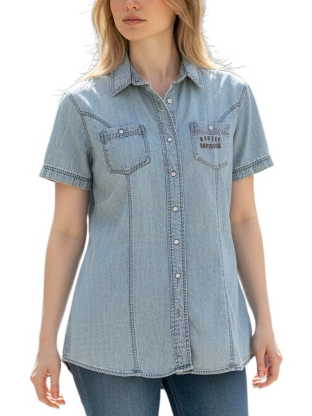 HARLEY-DAVIDSON: Women’s Short Sleeve Denim Button-Up Shirt -Size Large